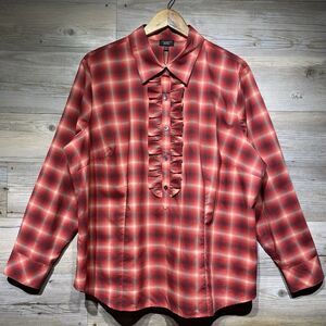 Talbots Woman Petites Ruffled Popover Top 1/2 Button Pink Plaid Shirt Size 20WP